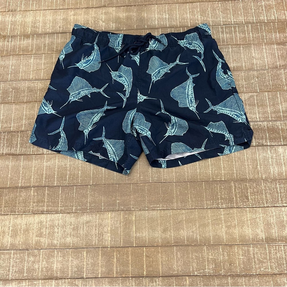 Large, Navy Swim Trunks with Fish Print